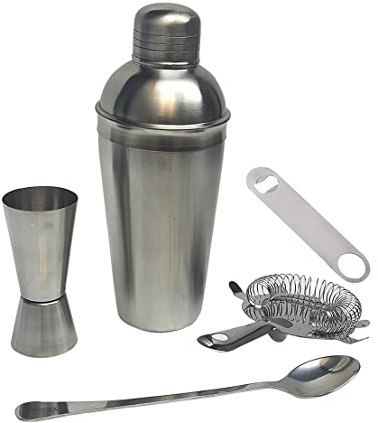 Kosma Stainless Steel 5 Piece Cocktail Shaker Set | Bartender Kit | Barware Set- Cocktail Shaker, Jigger, Mixing Spoon, Bottle Opener, Bar Strainer