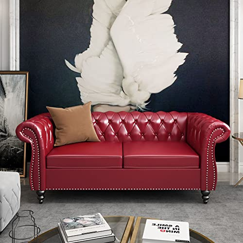ORRD Chesterfield Loveseat, Modern Leather Sofa Tufted Couch 2 Seater with Rolled Arms and Nailhead for Living Room, Bedroom, Office, Apartment (Burgundy)