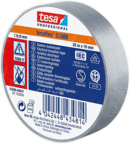 Cinta aislante eléctrica, PVC, 25 m x 19 mm, 1 unidad | 53988 gris 25 m x 19 mm