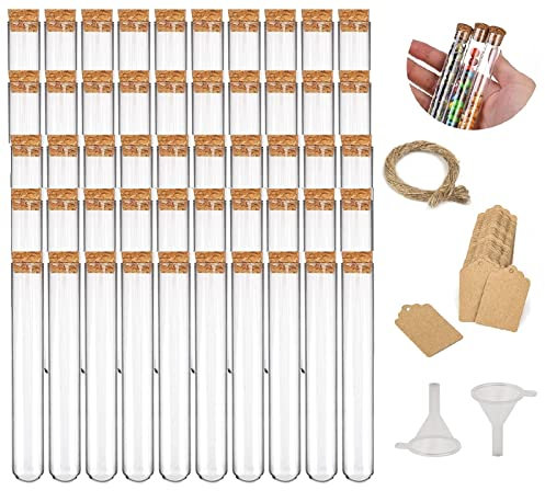 50 Stück Reagenzgläser Mit Korken, 20 Meter Juteschnur Klein Bottle Set, Kunststoff Transparent Kleine Fläschchen Reagenzglas, Reagenzgläser Für Blumen Gastgeschenk Hochzeits Deko Badesalz Gefüllt