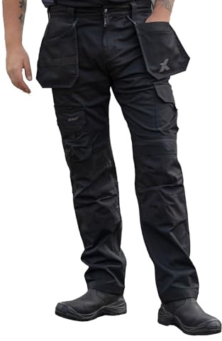 Xpert - Pro Stretch+ Work Trousers Mens 34W / 33L Black Tapered Fit Combat Cargo Pants with Stretch Panels, Multi Utility Pockets, Flex Waistband and Knee Pad Pockets