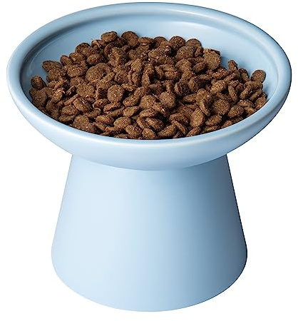 CEEFU Extra Wide Elevated Ceramic Cat Food Bowl - 6.2 Shallow Dish for Whisker Fatigue Relief, 5 Height for Easy Feeding, Lead & Cadmium Free, Durable Raised Cat Food Bowls, Blue