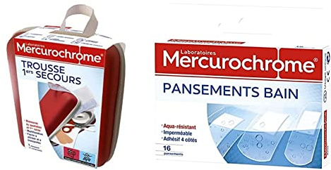 MERCUROCHROME – Trousse 1ers Secours – Blessures du Quotidien & 1ers Soins - 17 Composants - Multifonction & Pansements bain aqua-résistant - La boîte de 16