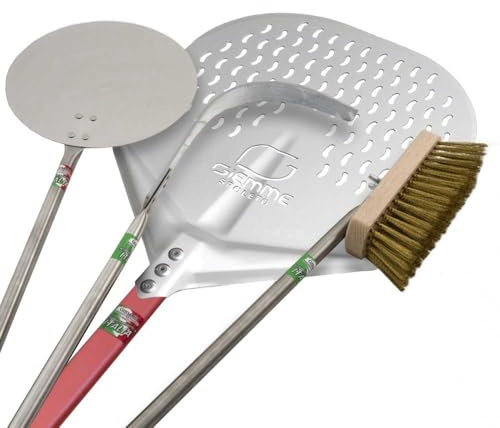 GIEMME Set of 4 Professional Pizza Peels for 33 cm (13-inch) Pizzas, for 90-100 cm (35-39 inch) Deep Ovens, in Aluminium and Steel
