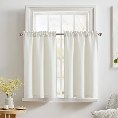 TOPICK Tende da cucina moderne, da bistrò, opache, per bagno, fattoria, soggiorno, coulisse, set da 2 pezzi, bianco avorio, 60 H x 70 B (cm)
