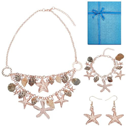 PH PandaHall 3 in 1 Muschel Seestern Schmuck Meerjungfrau Schmuckset Perlenkette Armbänder Ohrringe Anhänger Seestern Kostüm Für Halloween Tag Damen Sommer Meer Strand