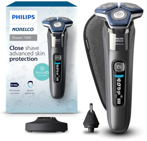 Philips Norelco Shaver 7300, Rechargeable Wet & Dry Electric Shaver with SenseIQ Technology, Pop-up Trimmer, Charging Stand, Click-on Nose Trimmer, & Travel Case, S7887/92