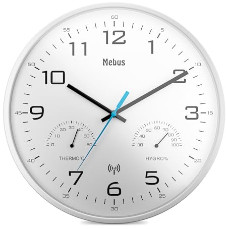 Mebus moderne Funk-Wanduhr mit Temperaturanzeige und Luftfeuchtigkeit, 30 cm, Funk-Uhr, Wohnzimmer, Küchenuhr / Modell: 52841 / Farbe: Weiß