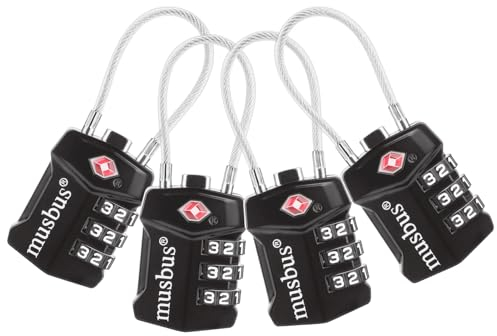 MUSBUS 4er Pack TSA Zugelassene Kofferschlösser, Koffer-Zahlenschloss, kleines Drahtseil mit Code, Reise-Essentials aus Aluminium für Rucksack, Waffenkoffer, Tasche, Zelt, Camping-Reißverschluss