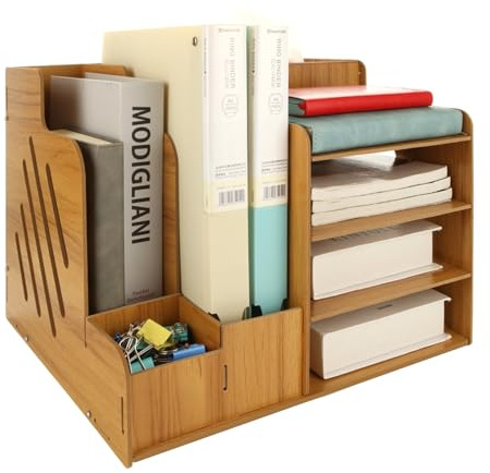 ASelected 4-Tier Wooden Desk Organizer Diy Office Supplies Storage Box Large Capacity Desk Tidy Storage Holder Sorter For A4 Papers, Pens, Books, Letters And Documents(Cherry Wood)