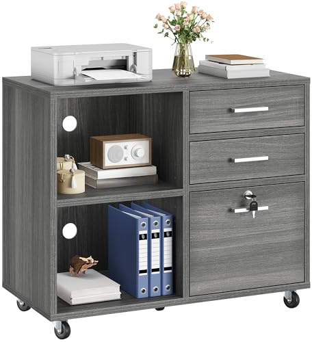 YITAHOME Mobiler Aktenschrank mit 3 Schubladen, Rollbarer Aktenschrank für Home Office, Abschließbarer Schrank für A4, Dokumente in Briefgröße, Druckertisch mit offenen Fächern, Schloss und Rollen