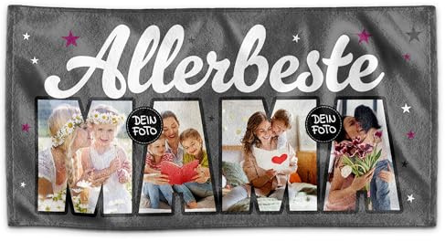 Print Royal PR Personalisiertes Handtuch - Allerbeste Mama - mit Foto-Collage für 4 Fotos selbst gestalten, Geschenk für Mama, Geburtstagsgeschenk Mama, Muttertag | Fotohandtuch, 140 x 70 cm