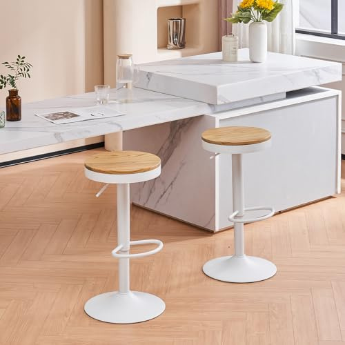 YOUNIKE Taburete de Bar Juego de 2 Taburetes de Bar de Madera Silla de Bar Alta Estructura Metálica Giratoria 360° con Reposapiés Industrial Blanco