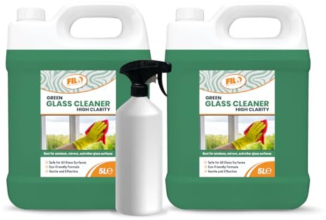 FILO Green Glass Cleaner Spray 2x5L with Trigger Bottle – Professional Window Cleaner Spray Streak-Free Liquid for Mirrors & Shower Glass – Bulk Refill Kit for Crystal Clear Windows
