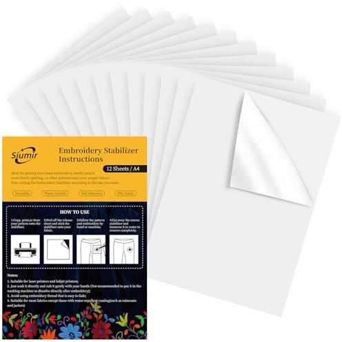 Siumir 12PCS Stabilizzatori per Ricamo, A4 (29.7x21cm) Idrosolubile Autoadesivo Stabilizzatori per Cucito, Carta da Ricamo Stampabile o Disegnabile per Ricamo a Mano e a Macchina