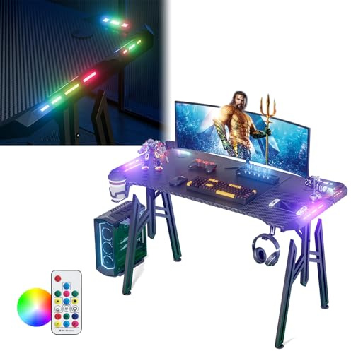LZQ Mesa Gaming con LED 140 x 60 cm, con Marco en M, Escritorio Gaming Ergonómica, Mesa Gamer de Fibra de Carbono con Soporte para Bebidas y Ganchos para Auriculares, Escritorio para Videojuegos