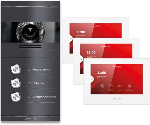 Metzler VDM10 2.0 Video Sprechanlage Komplett Set mit Laser Gravur Namensschild - LAN/POE - Türsprechanlage mit HD-Kamera und Bildschirm für 3 Familienhaus, in Eisenglimmer aus V2A Edelstahl