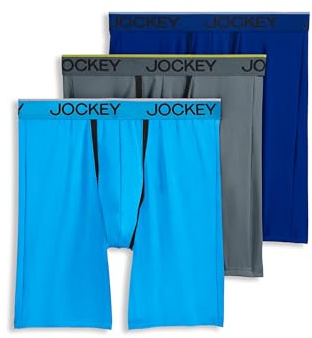 Jockey Men's Underwear Chafe Proof Pouch Microfiber 8.5 Long Leg Boxer Brief - 3 Pack, Bright Aqua/Iron Grey/Blue Jay Out, M