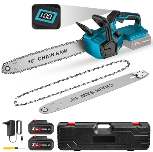 Tronconneuse Batterie 16 Pouces, Tronconneuse Electrique avec 2 x 4.0 Ah Batterie, Moteur sans Balais de 1800 W, Écran LCD et Lubrification Automatique de La Pompe à Huile, pour Coupe Bois