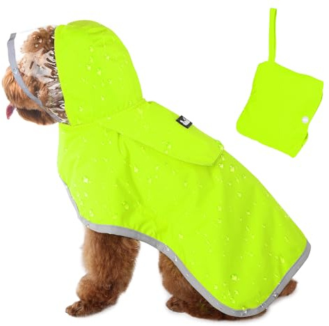 SlowTon Regenmantel Hund wasserdicht, durchsichtige doppellagige Regenjacke Hund mit Kapuze für kleine, mittlere und große Hunde, Hunderegenmantel mit reflektierendem Streifen und Aufbewahrungstasche