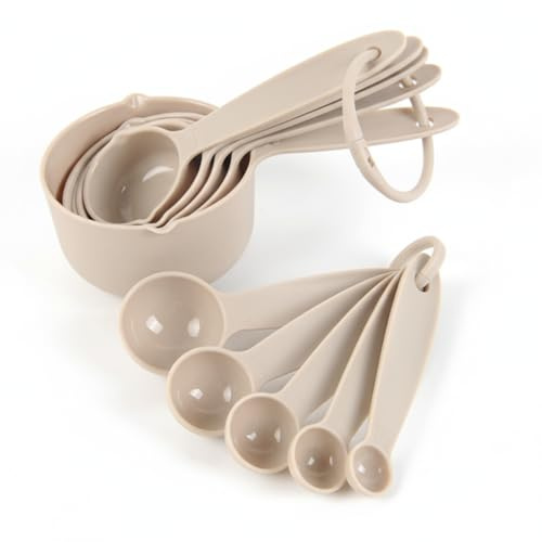 Vikrami lighting Measuring Cups,10 Piece Plastic Measuring Cups and Spoons Set,Plastic Measure Cup Set, Baking Measure Cup, Baking Gadgets, for Kitchen Baking and Cooking（Khaki）