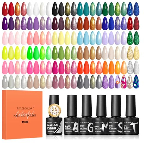 PEACECOLOR 40-delars UV Gellack Set, 35 Färger UV Gellack med 5-delars Base Coat & Top Coat Set Vit Rosa Röd Grön Lila - Gellack för Hemmamanikyr - Present till Nybörjare