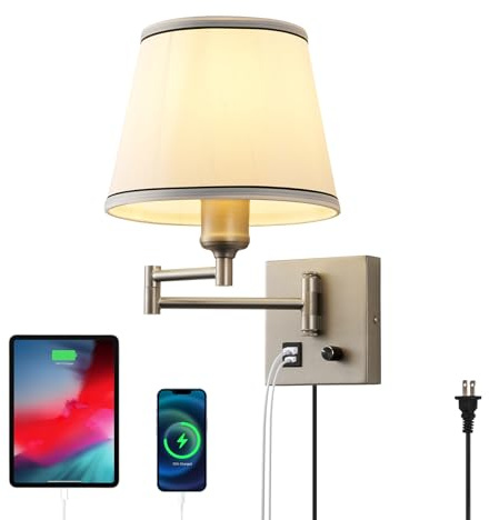 Swing Arm Wall Lamp with Type-C and USB Charging Port Wall Mounted Lamp with Dimmable Switch Plug in Wall Sconces White Fabric Shade Perfect for Bedside Living Room Reading Nook Office Satin Nickel