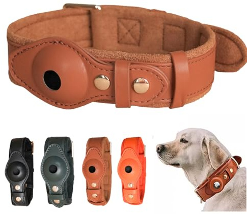 AirTag Hundehalsband aus Leder, integrierte Schutzhalterung, verstellbar 24-60 cm, für mittelgroße bis große Hunde und Katzen, Braun (Schwarz, M)