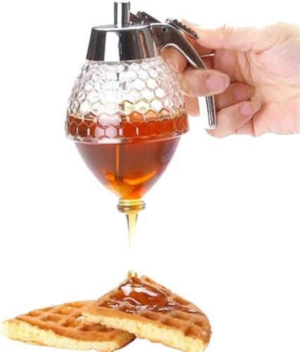 Xialuwy Honey & Syrup Dispenser - Honey Jar Maple Syrup Dispenser No Drip With Stand - HoneyComb Shaped - Bee Decor BPA Free 14.5cm X 8cm