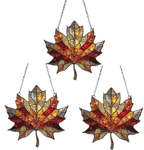 Buntglas Ahornblatt Sonnenfänger | 3Stk Acryl Ahornblatt Suncatcher Herbstdeko zum Aufhängen | Buntglas Sonnenfänger Herbstblätter Deko | Sun Catcher Ahornblätter Anhänger für Herbst Fensterdeko