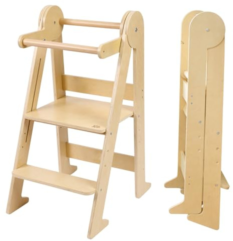 Tour d’Observation Montessori Pliable compacte et légère – Bois de Bouleau résiste à 80kg – 3 Hauteurs Réglables – Certifié CE et Sécurité Anti-Basculement – Autonomie & Motricité – Dès 18 Mois