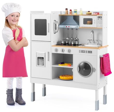 COSTWAY Cucina Giocattolo per Bambini, Cucina Legno per Bambini con Macchina del Ghiaccio, Telefono, Lavatrice, Microonde, Altezza Regolabile, Funzione Luci e Suoni, per 3+ Anni (Naturale)