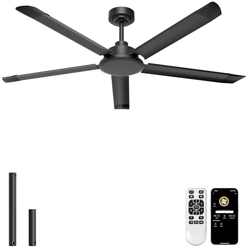 Ohniyou Ventilador de Techo 152 cm Sin Luz - Ventiladores de Techo Industrial Grande con Control Remoto y APP, 5 Aspas de Aluminio, Motor DC Silencioso para Terraza, Salón, Taller y Garaje, Negro