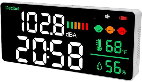 Fockety Misuratore di decibel, fonometro digitale da tavolo con display a LED da 11 pollici, montaggio a parete, 30-130 dB, monitor di temperatura e umidità per home studio, fabbrica