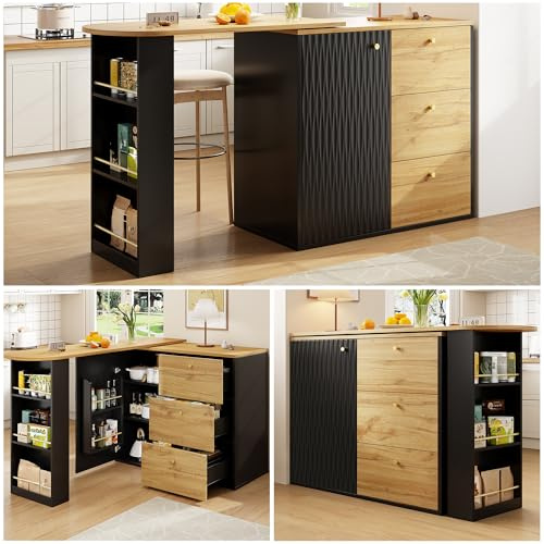 Bartisch Bistrotisch 138-204 cm Holzoptik Schwarz Hochtisch mit 360 Grad drehbaren ausziehbaren System 3 Schubfächern Wellenmuster Metallgriff Kücheninsel Sideboard für Homeoffice