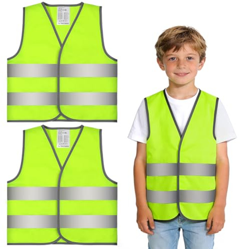 AYBUY Gilet de Haute Visibilité pour Enfants, 2 Pièces Gilet Fluorescent de Sécurité, Gilets de Signalisation Haute Visibilité Bandes Parallèles (S, Jaune fluorescent)