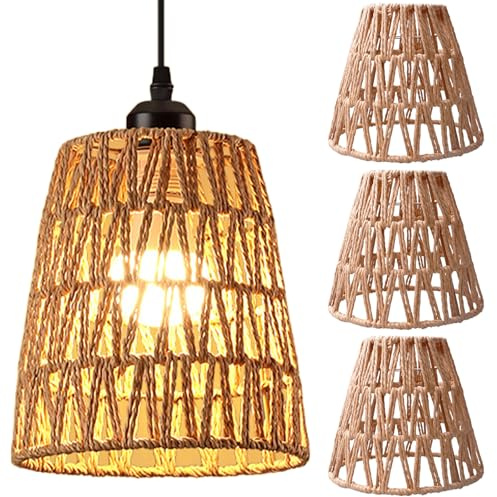 3 Stücke Boho Rattan Lampenschirm Klein E27, Lampenschirm Rattan, Handgeflochtene Hängelampe Deckenleuchte für Wohnzimmer Esszimmer Café - Vintage Korb Papierlampenschirm Ersatzschirm