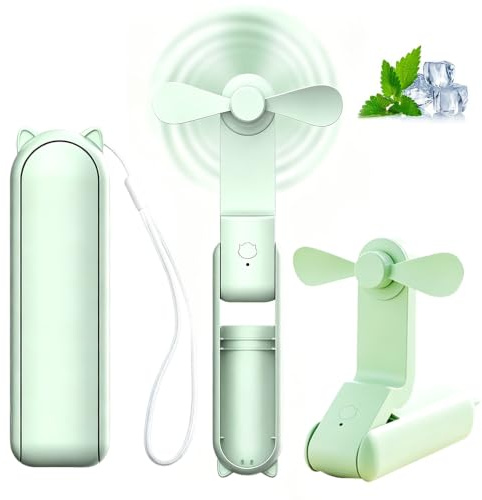 VorPrillynt Mini Handheld Fan, Portable Handheld Rechargeable Fan, USB Rechargeable Foldable Travel Fans,with Lanyard, for Women Men Travel Summer Beach Travel Outdoor (Green)