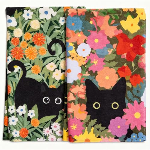 2 Pack Microfibre Kitchen Towels Absorbent Tea Towels Dish Cloths Lint-Free Quick Drying Floral Black Cat Pattern for Adults Wiping Worktops Drying Dishes Everyday Chores Decorative Accessories Set