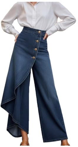 Generico Jeans Donna Vita Alta, Jeans a Gamba Larga da Donna, con Bottoni, Vita Alta, Pantaloni in Denim Fluidi, Spacchi Laterali, Effetto Consumato, Jeans Y2K