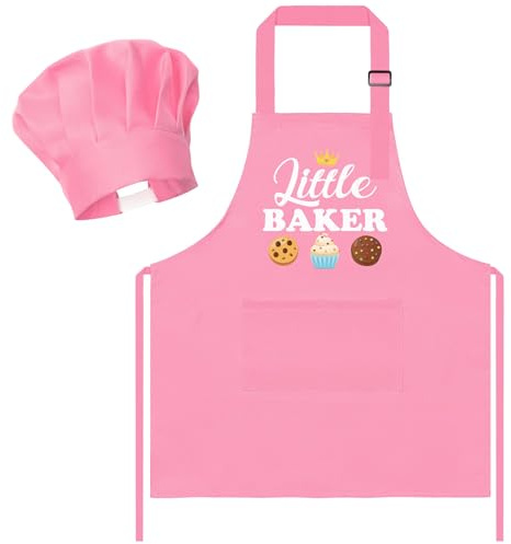 Tazuxetuqe Conjunto de delantal y gorro de chef para niños Dos piezas, Delantal de cocina rosa ajustable para niños, Juego de rol de chef, Kit de cocina para pintar y hornear para niños