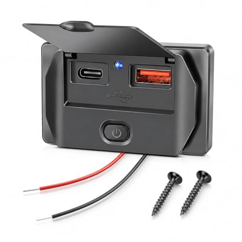 48W Flush Mount USB C Car Charger Socket, 30W PD QC3.0 Dual USB, 12V 24V | 48W dual USB car charger socket with 30W PD USB-C, QC3.0 fast charging and secure flush mount installation.
