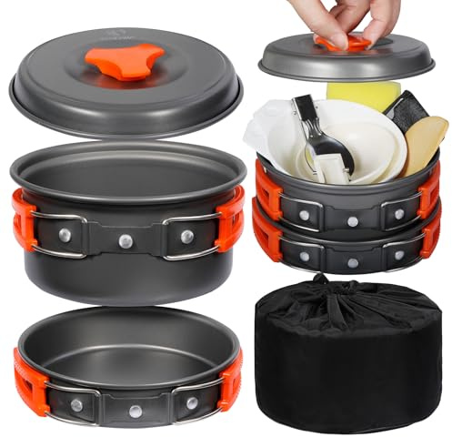 REDCAMP 10 PCS Camping Cookware Mess Kit Camping Gear Campfire Utensils Lightweight Stackable Pot Pan Bowls Soup Spoon with Storage Bag for Camping, Backpacking, Outdoor Cooking and Picnic, Orange