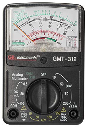 Gardner Bender GMT-312 Analog Multimeter, 5 Function / 12 Range, 300V AC/DC, for AC/DC Voltage & Current, Resistance, Continuity & Batteries, Black
