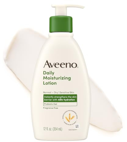 Aveeno Daily Moisturizing Body Lotion with Soothing Prebiotic Oat, Gentle Lotion for Women and Men Nourishes Dry Skin, Paraben-, Dye-, & Fragrance-Free, Non-Greasy & Non-Comedogenic, 12 Fl Oz