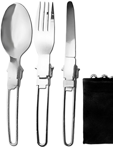 Outdoor Saxx, set di posate da viaggio pieghevoli per campeggio | coltello, forchetta, cucchiaio, custodia per il trasporto | compatto, leggero, piccolo, pieghevole
