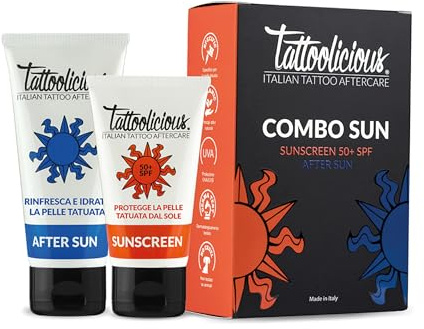 Tattoolicious COMBO SUN - SUNSCREEN 50+SPF Tattoo Sonnenschutz 75 ml + AFTER SUN Aftersun für Tätowierungen, 100 ml - Mit Anti-Fading Formel und Biologische Aktiven Inhaltsstoffen.