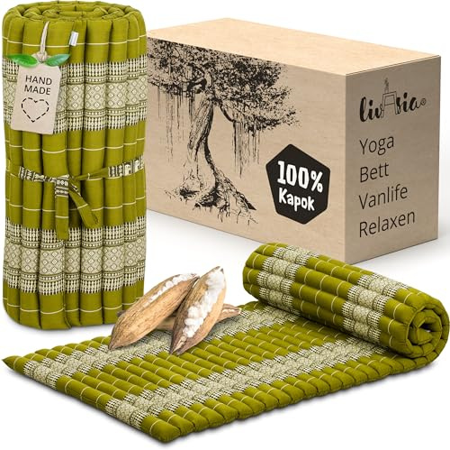 livasia Rollmatte Rollmatratze M schmal Einzelbett - 200x75x4,5cm - Gästebett Gästematratze 1 Person mit Muster, Reisebett Kofferraum Outdoor, Thaimatte Kapok Garten handgefertigt (Grün)