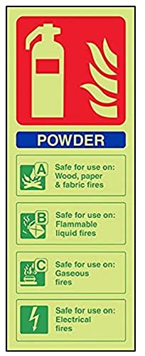 V Safety Glow In The Dark Powder Id Fire Extinguisher Sign - 75mm x 200mm - Rigid Plastic, Blue/Green/Red, 11005AC-G