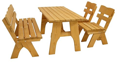 TPFGarden 4-teiliges Gartenset DRIEBURG aus Kiefer massiv | Farbton: Hellbraun imprägniert | Garnitur 2X Stuhl, 1x Bank 3-Sitzer, 1x Tisch 72cmx150cm rechteckig | Holz von höchster Qualität
